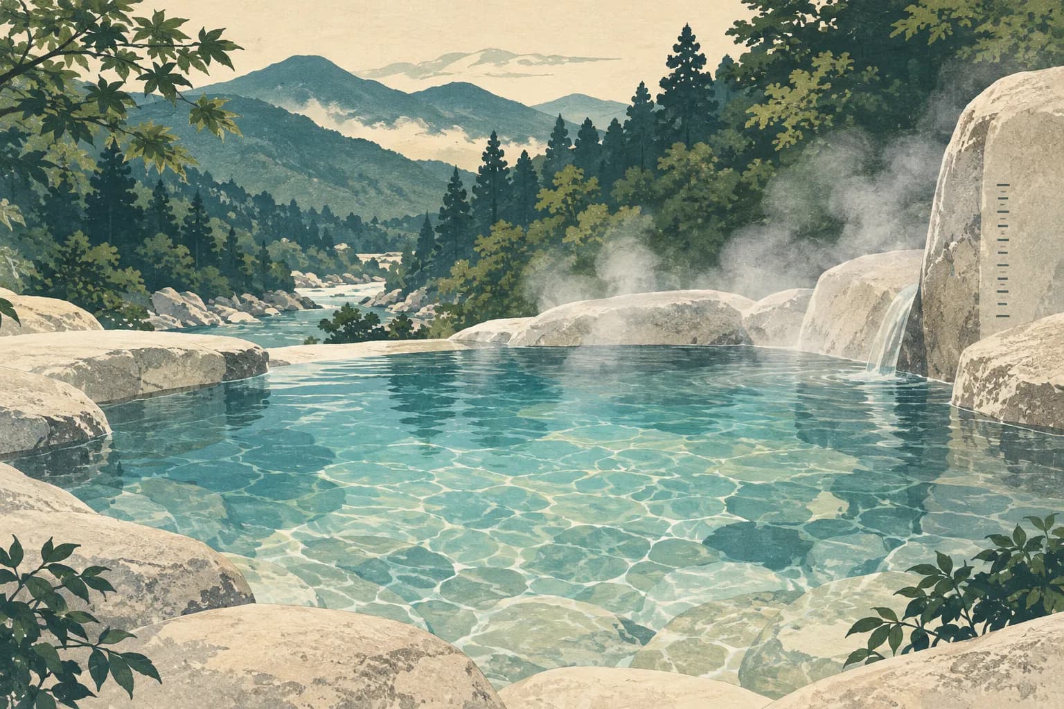 淡い石の上に澄んだお湯が張られた温泉のイラスト